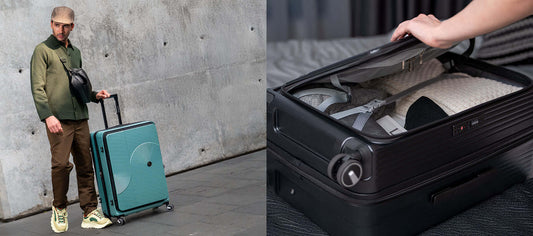 Traveler with a hard-shell suitcase alongside a close-up of its detachable spinner wheel