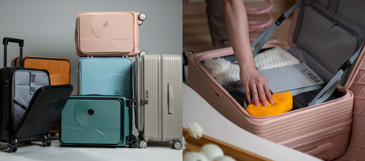 Colorful hardside luggage collection with front-opening cases, plus a close-up of a packed suitcase, for this luggage comparison guide