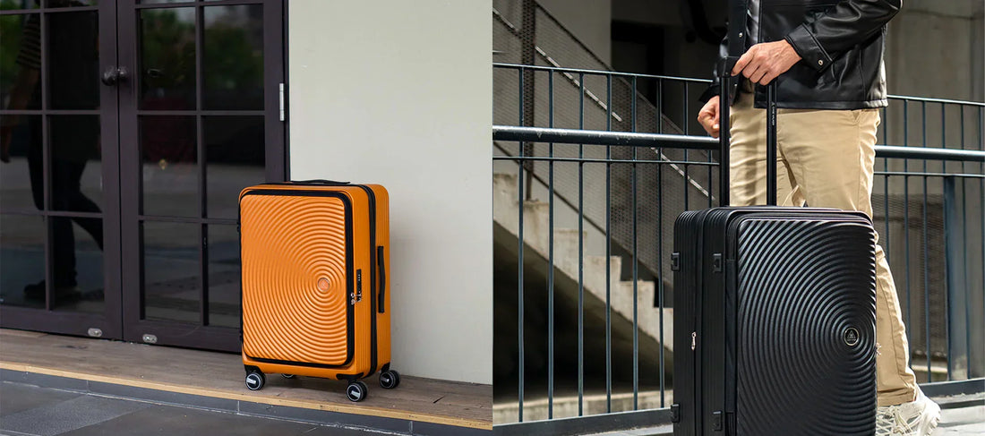 Case Valker EVE2 carry-on luggage in orange and black polycarbonate hard-shell with FrontFlip compartment and 360 spinner wheels