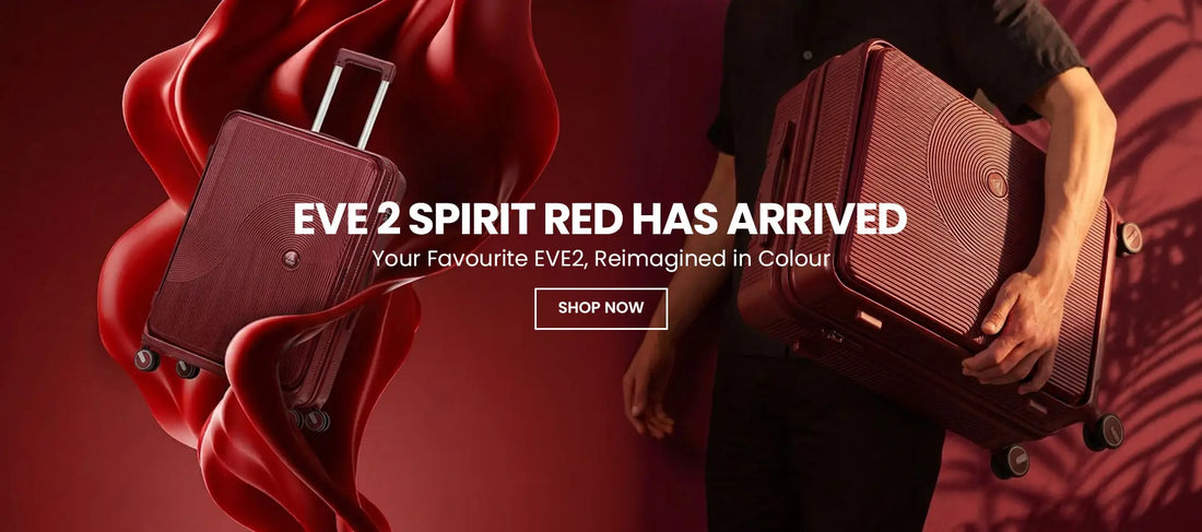 Case Valker EVE2 Spirit Red luggage set in premium hard-shell design, featuring modern textured finish and stylish red travel suitcase collection for luxury travel.
