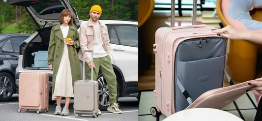 Case Valker EVE2 FrontFlip™ luggage in blush pink and grey  shown with couple beside car and close-up of front-opening panel