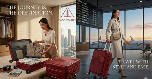 Case Valker EVE2 Red Spirit front-opening luggage — packed in a hotel room and carried through an airport departure hall