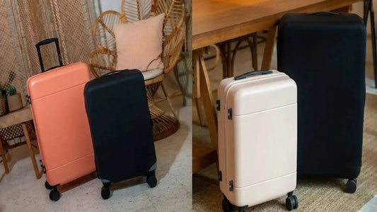 Comparison of suitcase with and without a luggage cover in coral, black, and beige