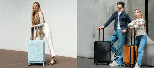 Woman and couple posing with Case Valker lightweight suitcases in light blue, black, and orange with circular ripple design