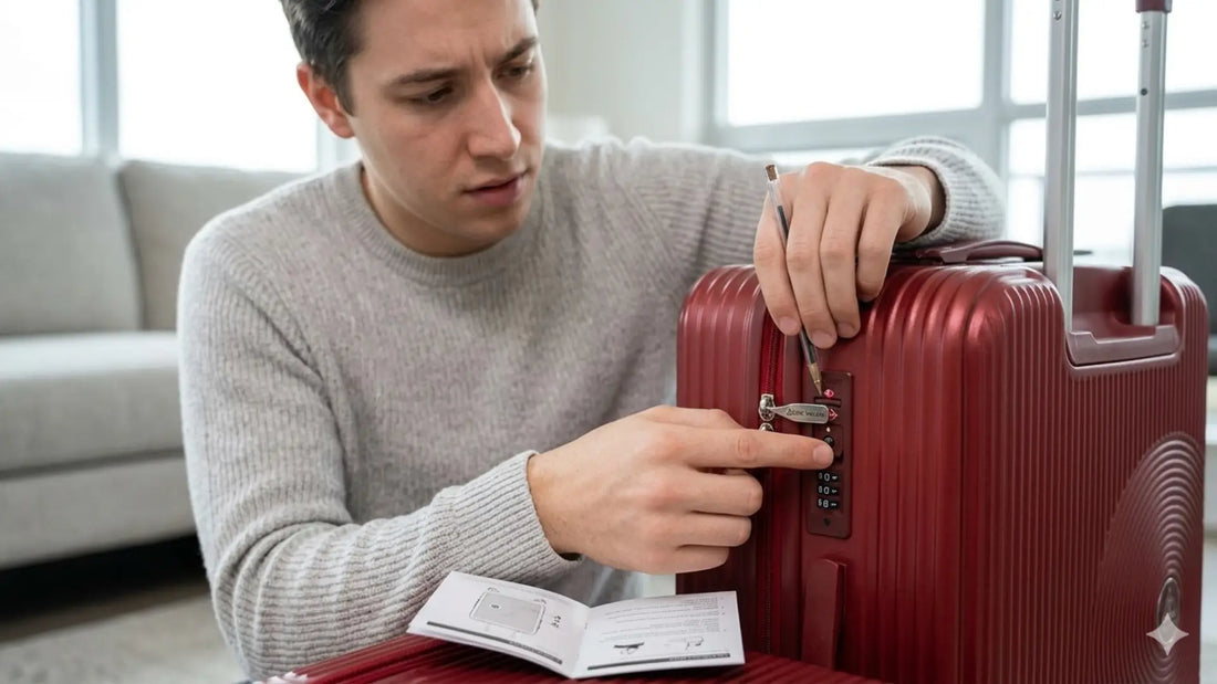 Person setting a TSA combination lock on a suitcase for the first time